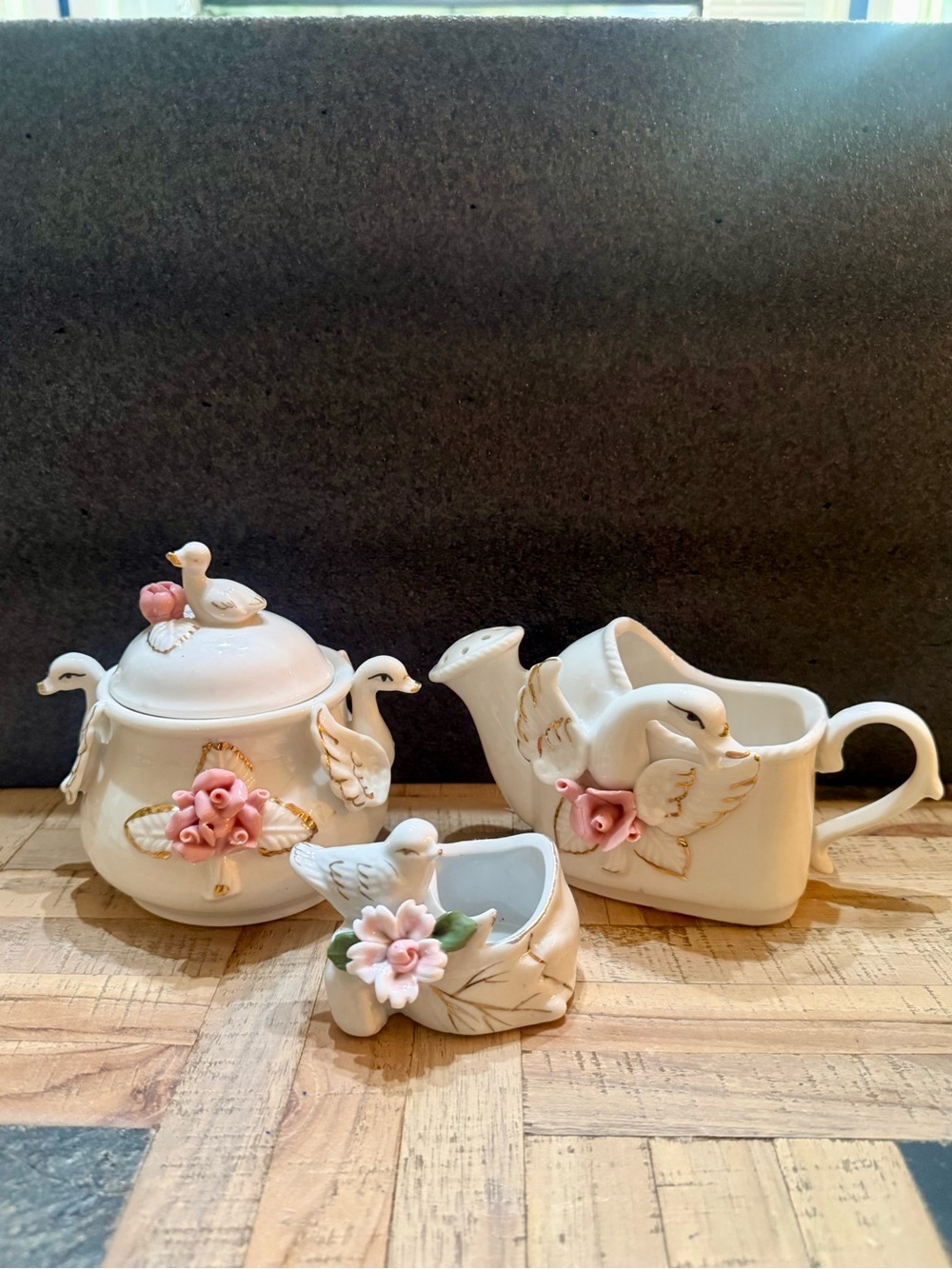 Vintage 3pc Porcelain Swan & Rose Set - Sugar Bowl, Creamer & Trinket Dish